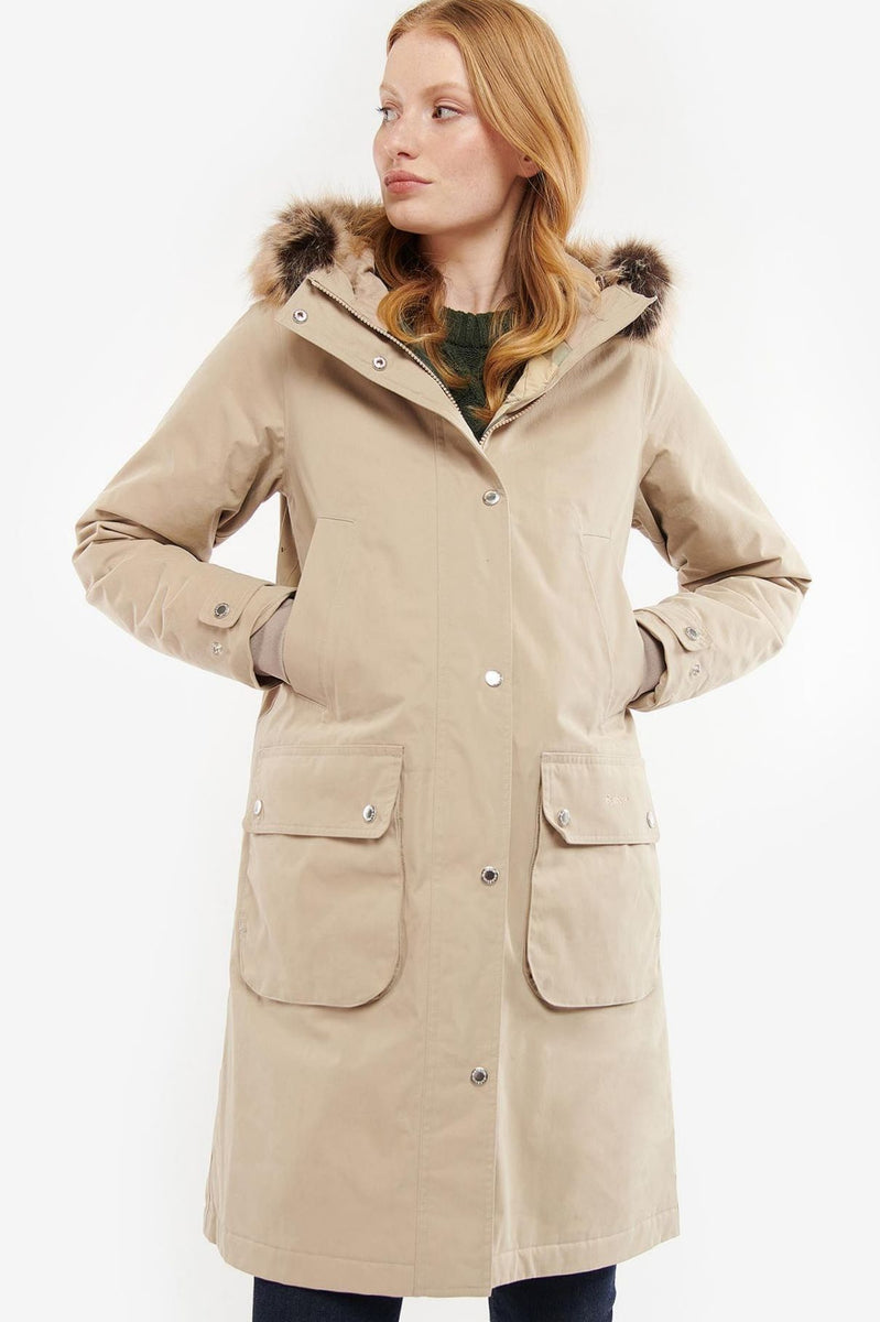 Barbour Ladies new long coat the Scarlet in Stone now half price
