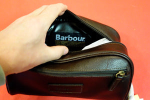 Barbour leather wash bag in Chocolate UBA0009BR91 label